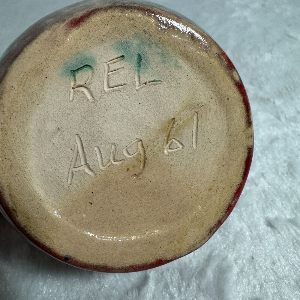 Vintage Handcrafted Ceramic Glazed Pottery Vase Red/Green/Brown 1961 signed REL - Picture 4 of 6